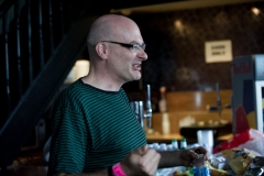 former Wedding Present band member Shaun Charman backstage at the The Edge of the Sea mini festival at Concorde2, Brighton - 24 Aug 20130824 2013